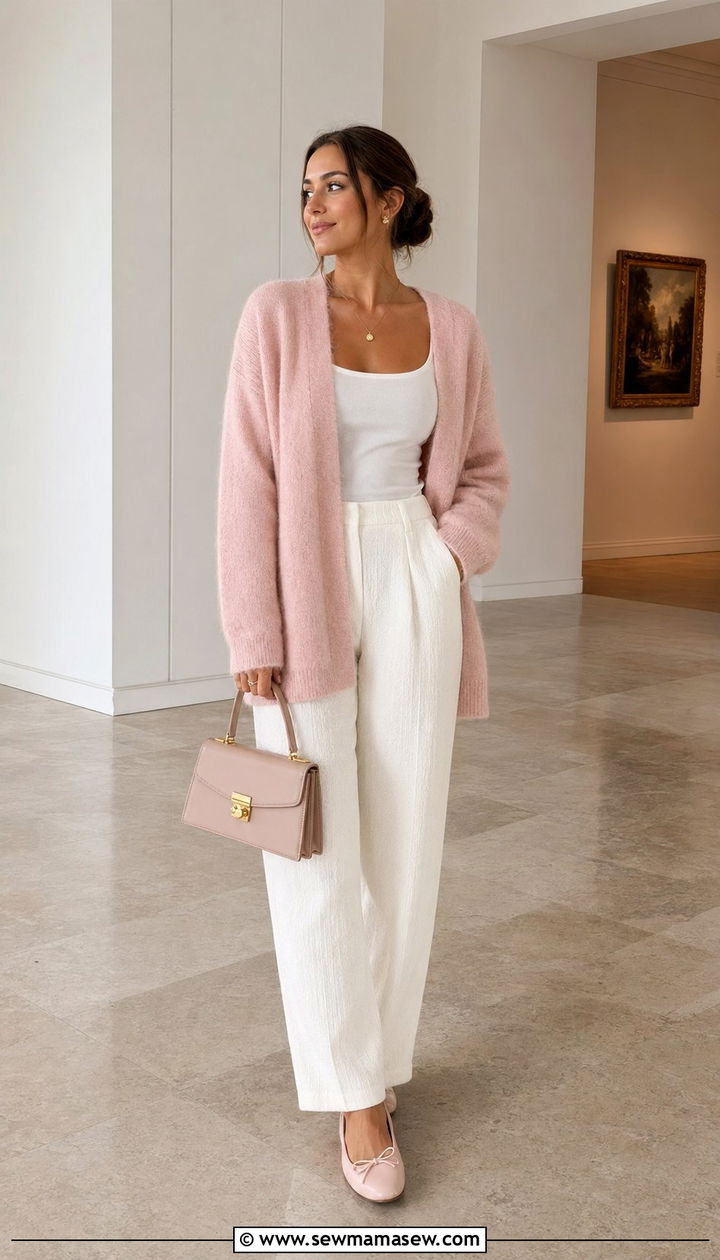 Pink Cardigan with White Textured Pants and Ballet Flats - 35 Pink outfit ideas for summer