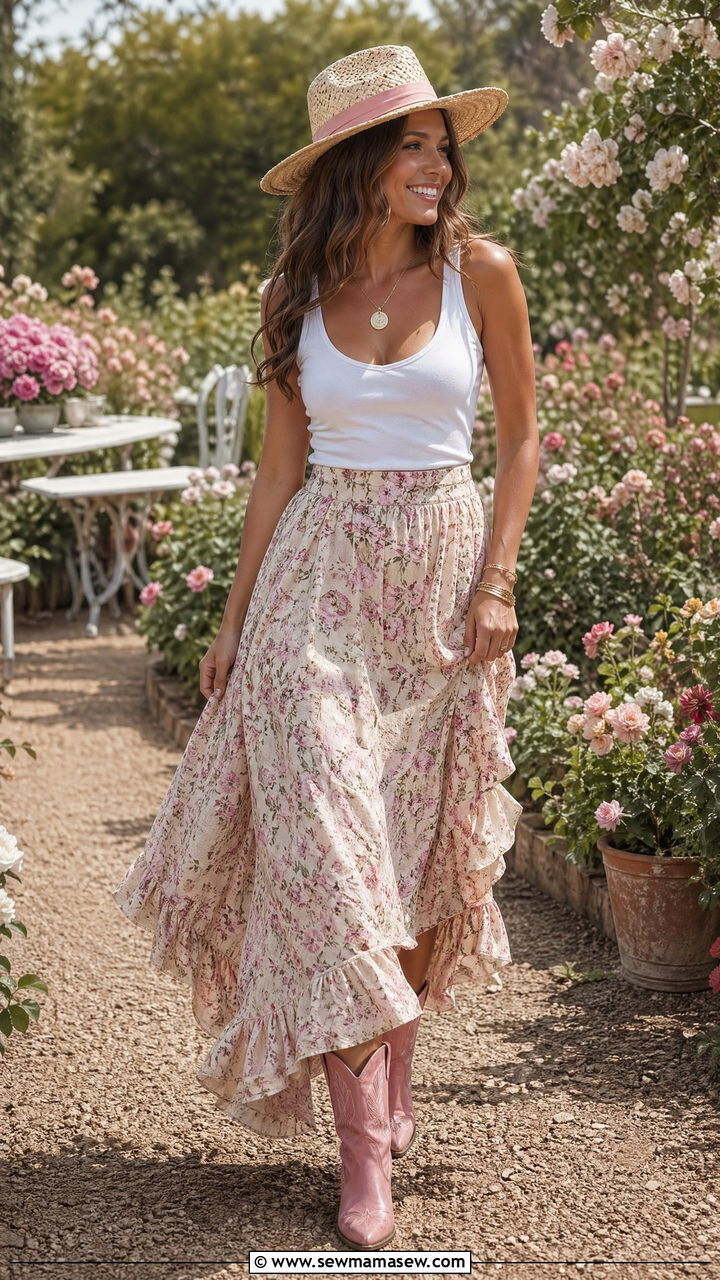 Pink Cowboy Boots with Floral Maxi Skirt and White Top - 35 coastal cowgirl outfits for women