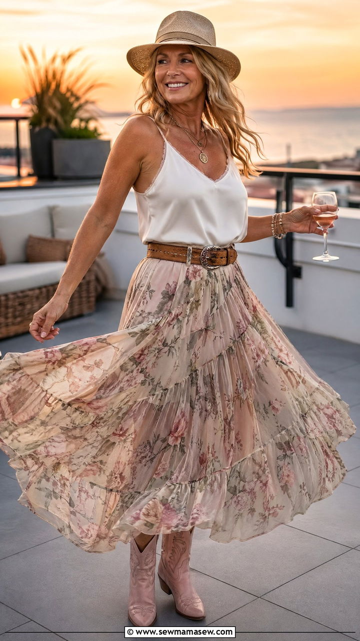 Pink Cowgirl Boots with a Floral Maxi Skirt and a White Camisole - 35 coastal cowgirl outfit ideas for women over 40