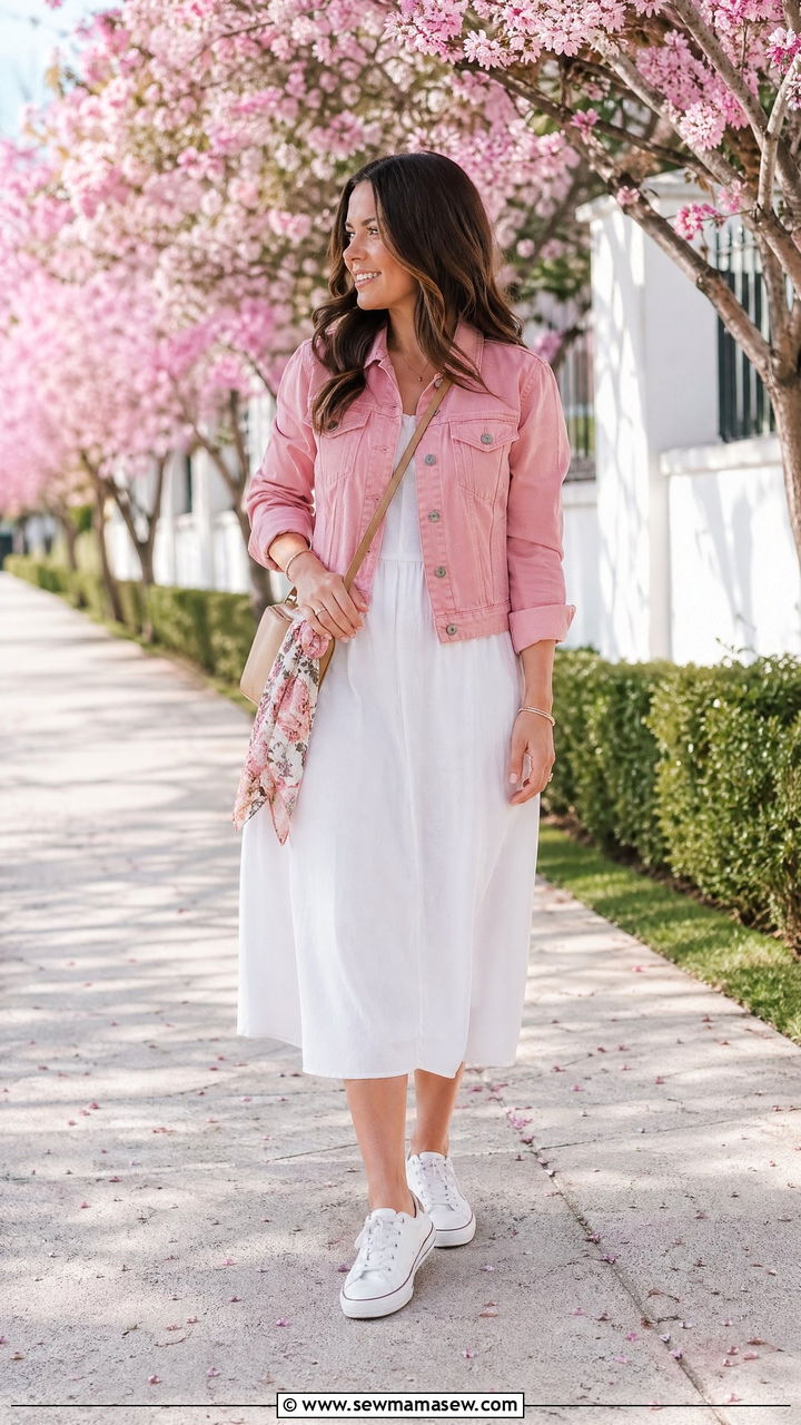 Pink Denim Jacket and White Midi Dress - 35 Spring pink outfit ideas