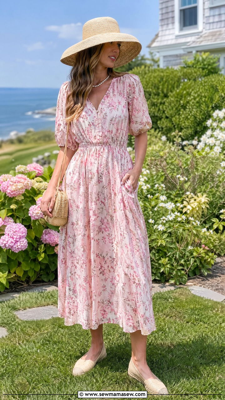 Pink Flowy Midi Dress and Straw Hat - 35 summer coastal grandmother outfit ideas