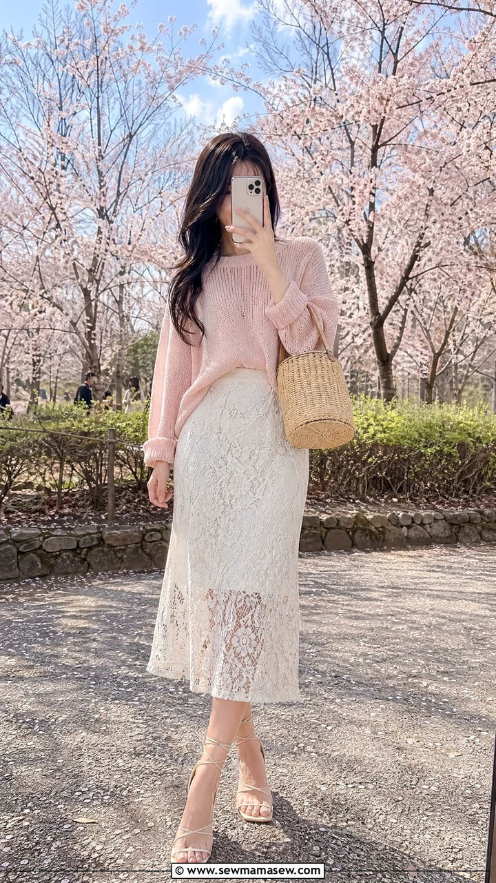 Pink Knit Sweater And White Lace Midi Skirt Outfit Spring Japan - 35 Spring Japan outfit ideas
