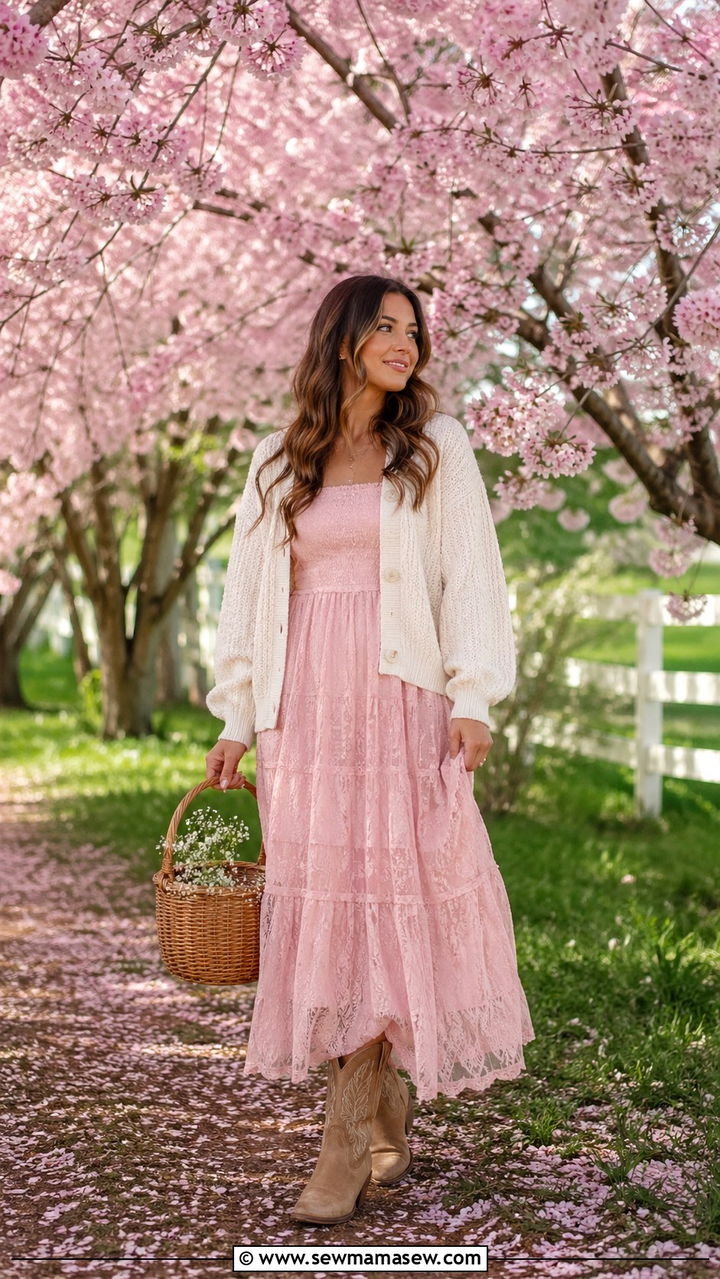 Pink Maxi Dress With Cream Cardigan Layer - 30 Spring flower field photoshoot outfits