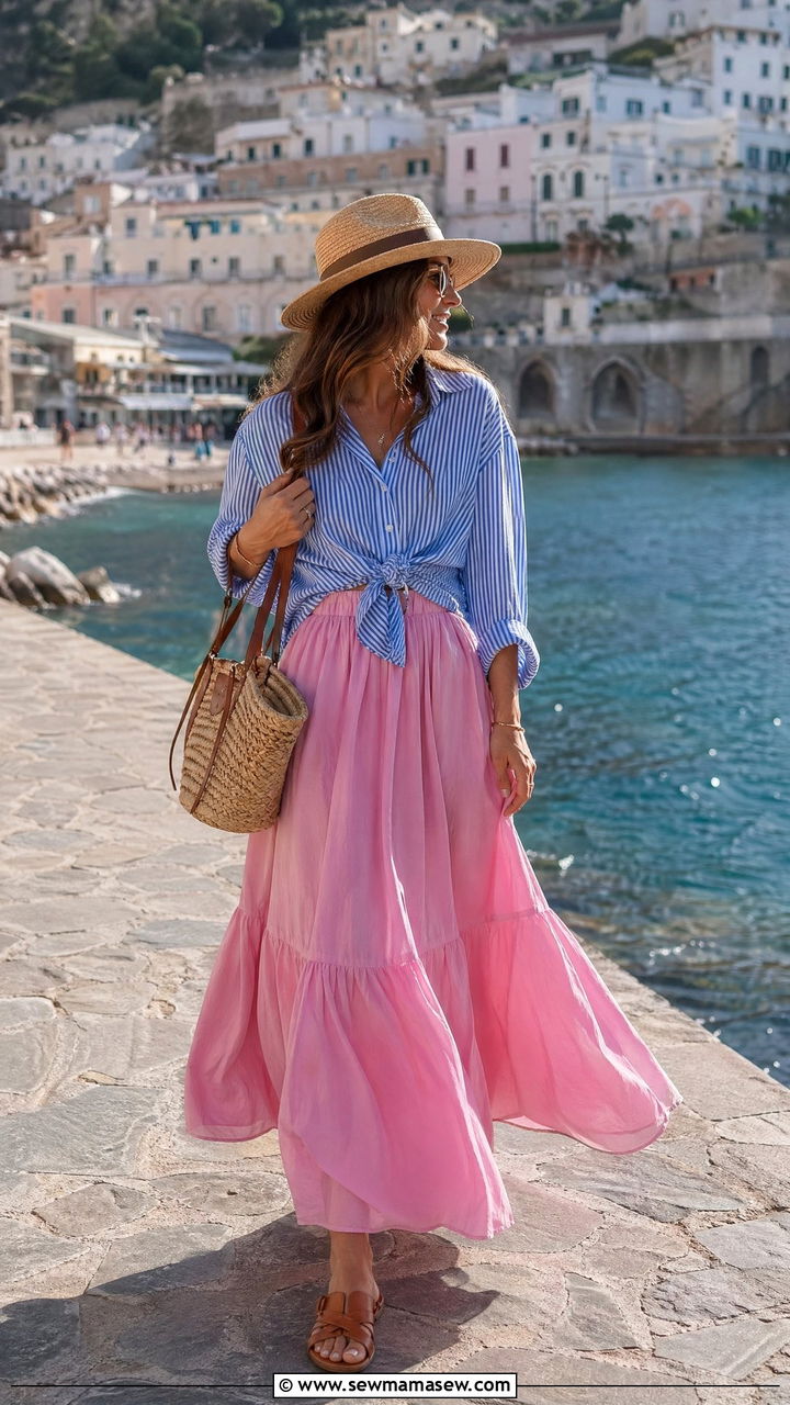 Pink Maxi Skirt and Striped Shirt Outfit - 35 Spring pink outfit ideas