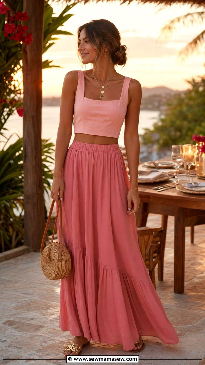 Pink Monochrome Crop Top with Flowy Maxi Skirt - 35 Pink outfit ideas for summer