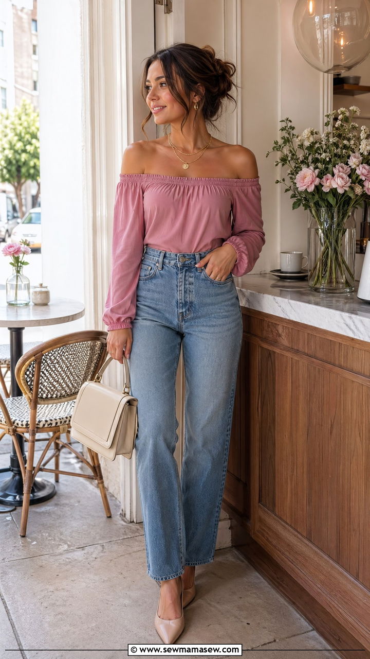 Pink Off Shoulder Top Spring Outfit - 35 Spring outfits in pink