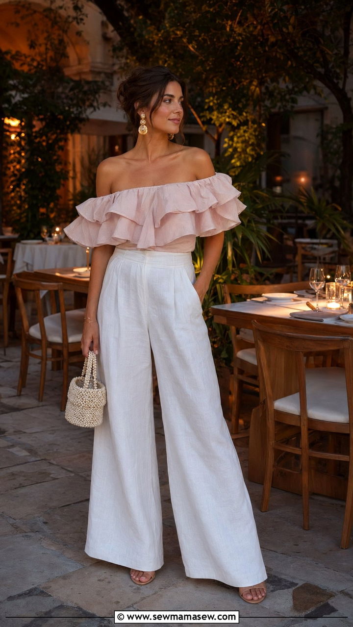 Pink Off Shoulder Top with White Wide Leg Linen Trousers - 35 Pink outfit ideas for summer