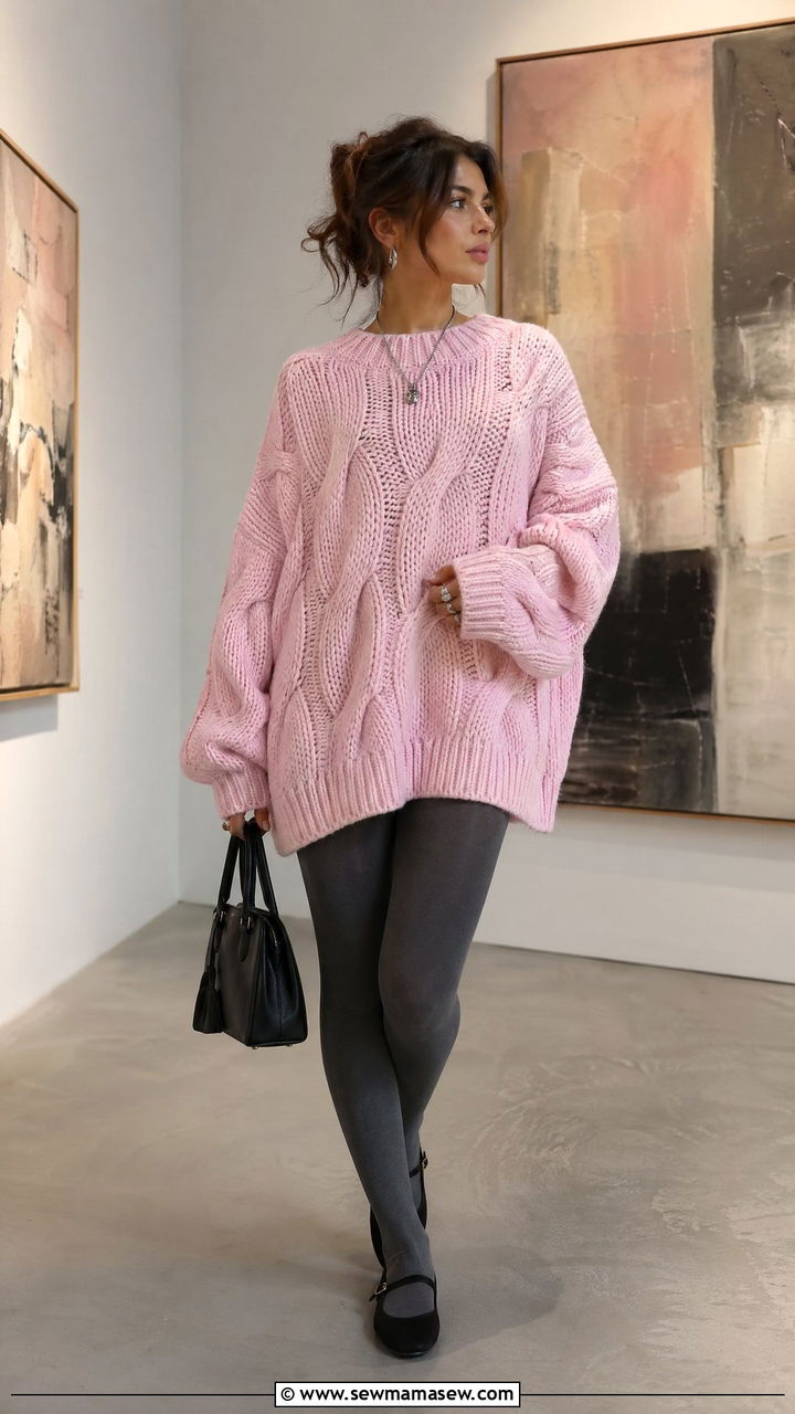 Pink Oversized Knit and Gray Tights Outfit - 35 Spring pink outfit ideas