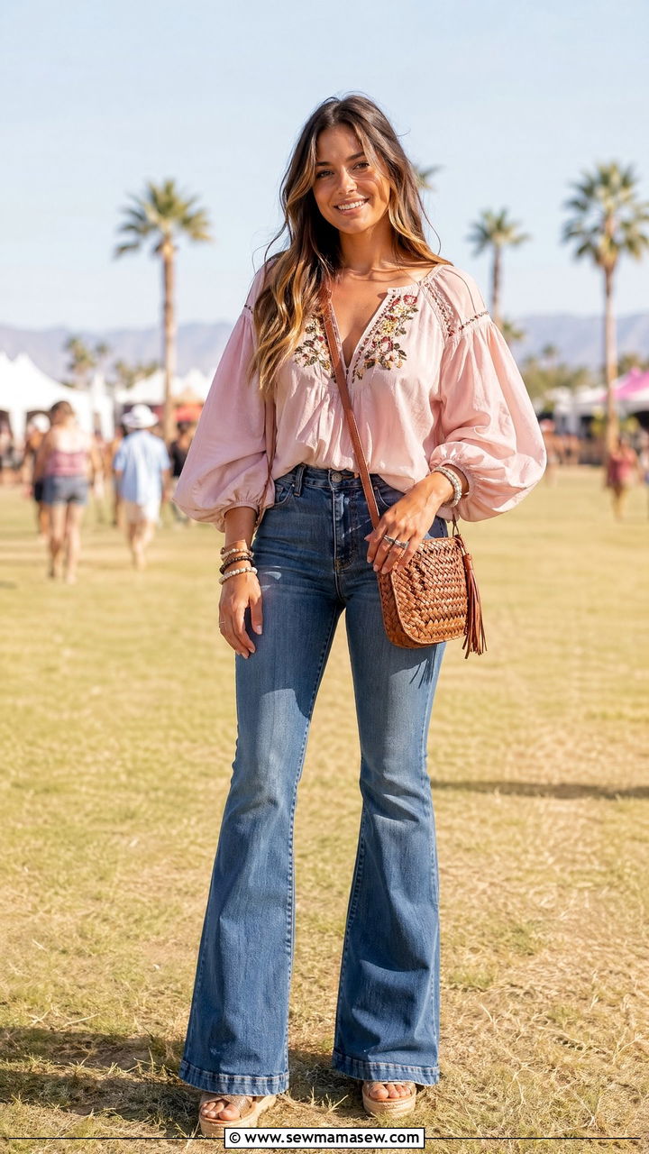 Pink Peasant Blouse With Flared Jeans - 35 Spring outfits in pink