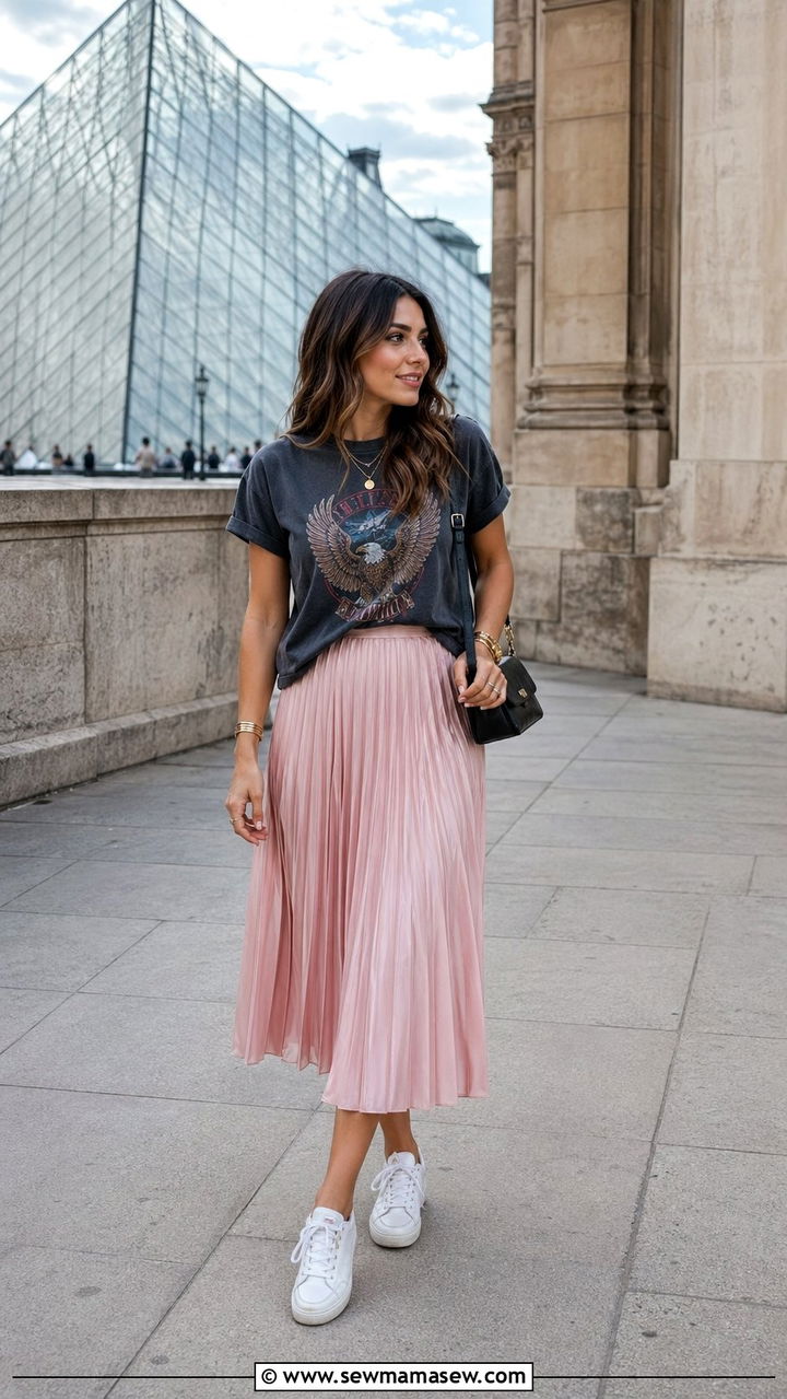 Pink Pleated Midi Skirt and Graphic Tee Outfit - 35 Pastel outfit ideas