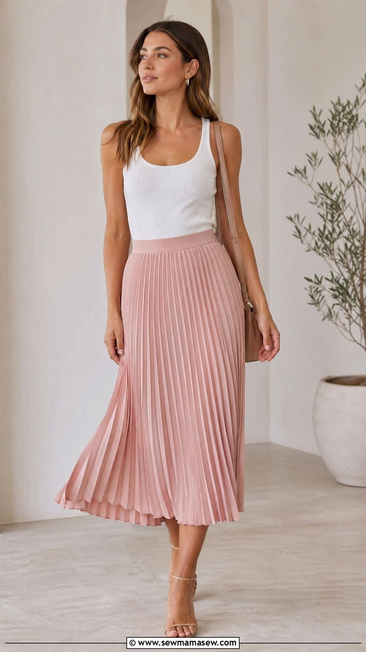 Pink Pleated Midi Skirt and White Tank Outfit - 35 Spring pink outfit ideas