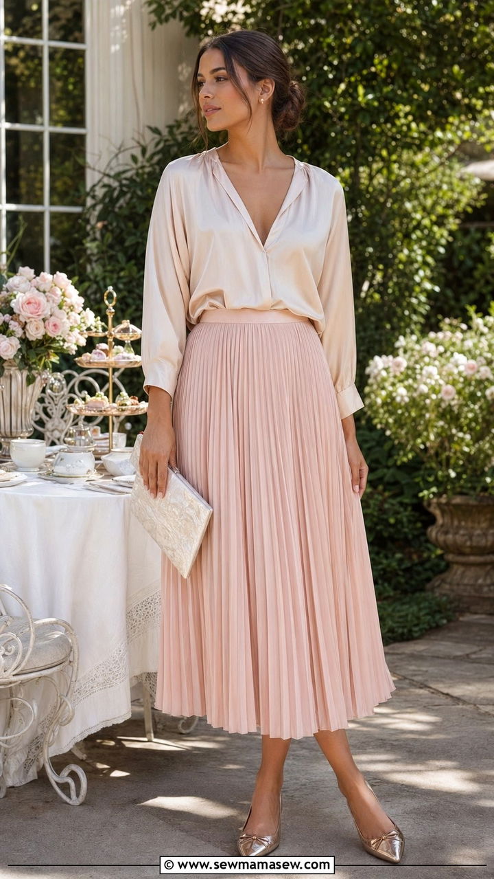 Pink Pleated Midi Skirt with Champagne Satin Blouse - 35 Pink outfit ideas for summer