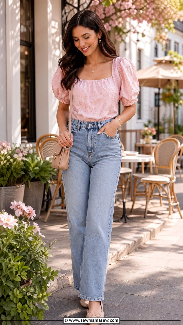 Pink Puff Sleeve Blouse With High Waisted Jeans And Ballet Flats - 35 spring feminine outfit ideas