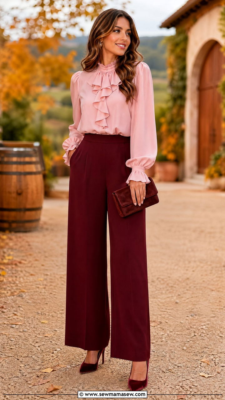 Pink Ruffle Blouse and Burgundy Wide Leg Trousers - 35 Wedding guest wide leg pants outfit ideas