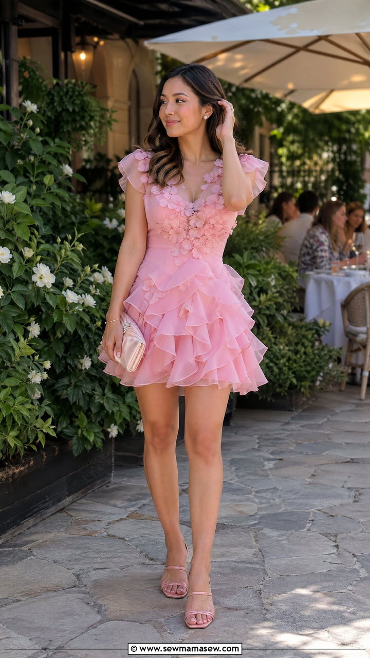Pink Ruffle Mini Dress for Baby Shower Guest - 35 spring baby shower outfit ideas