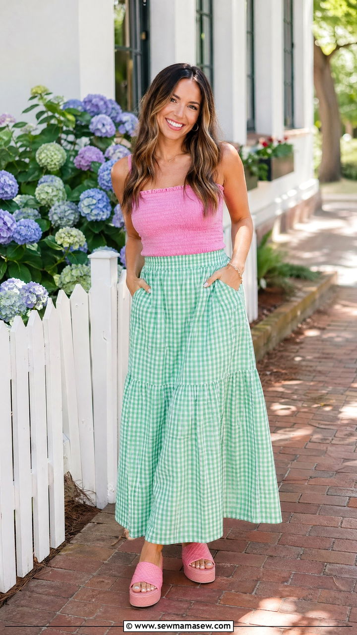 Pink Smocked Tank Green Gingham Maxi Skirt and Platform Slides - 35 Summer teacher outfits