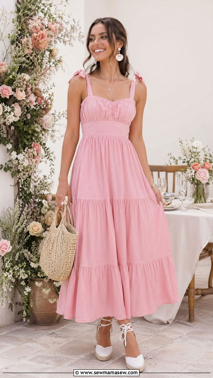 Pink Sundress With White Espadrilles And Basket Bag - 35 Summer outfits with sundresses