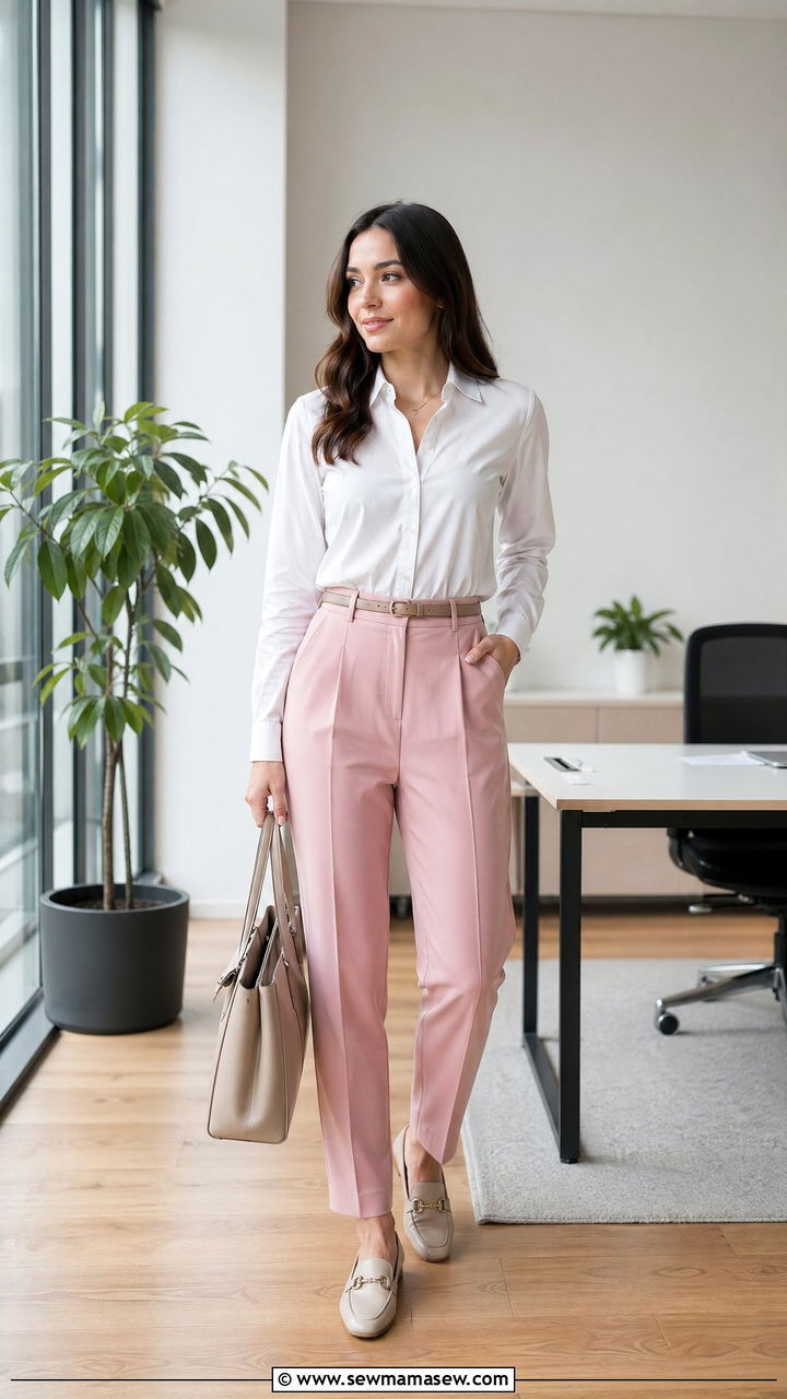 Pink Tailored Trousers and Crisp White Shirt - 35 Spring pink outfit ideas