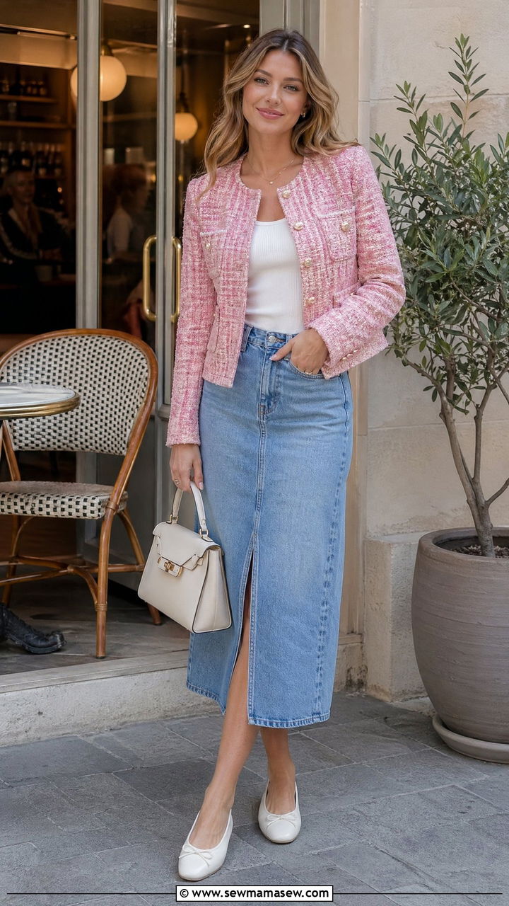 Pink Tweed Jacket and Denim Skirt Outfit - 35 Spring pink outfit ideas