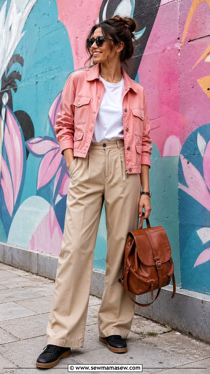 Pink Utility Jacket with Wide Leg Khakis and Retro Sunglasses - 30 spring europe travel outfit ideas