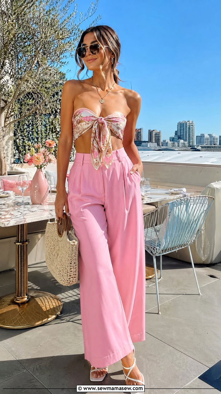 Pink Wide Leg Trousers with Bandeau Scarf Top - 35 summer birthday outfit ideas