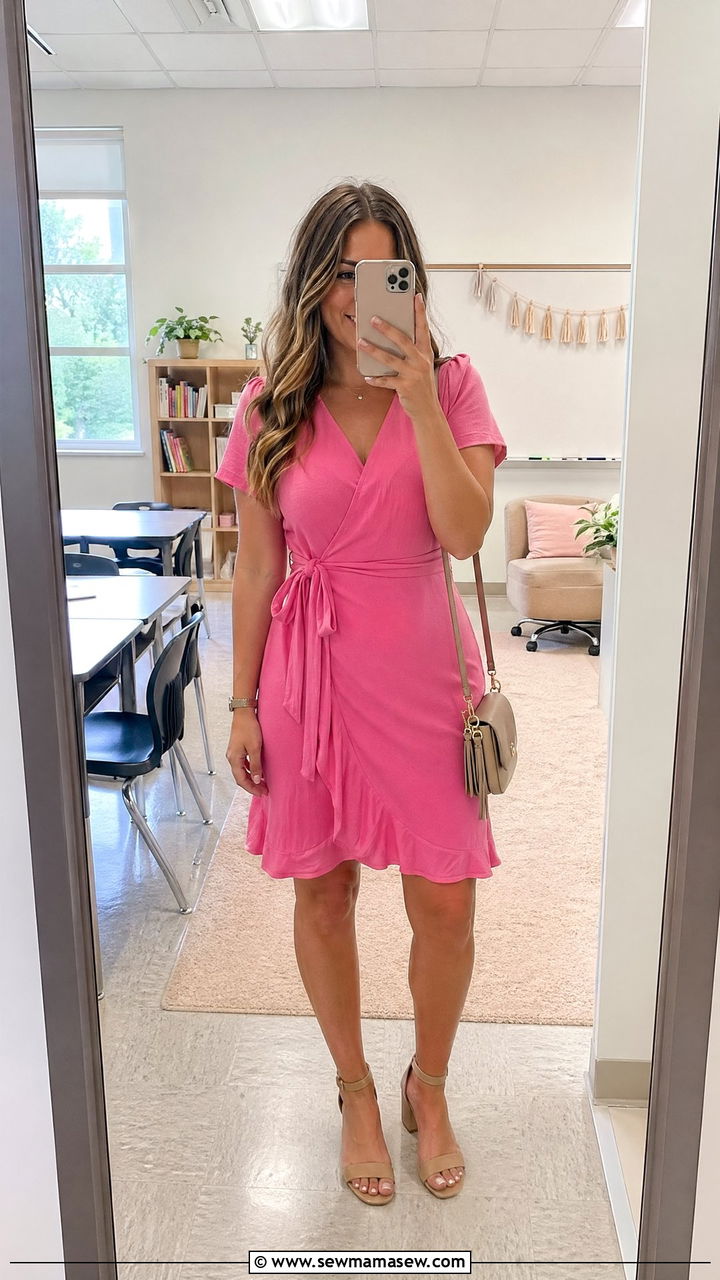 Pink Wrap Dress with Block Heel Sandals and Neutral Bag - 35 Summer teacher outfits