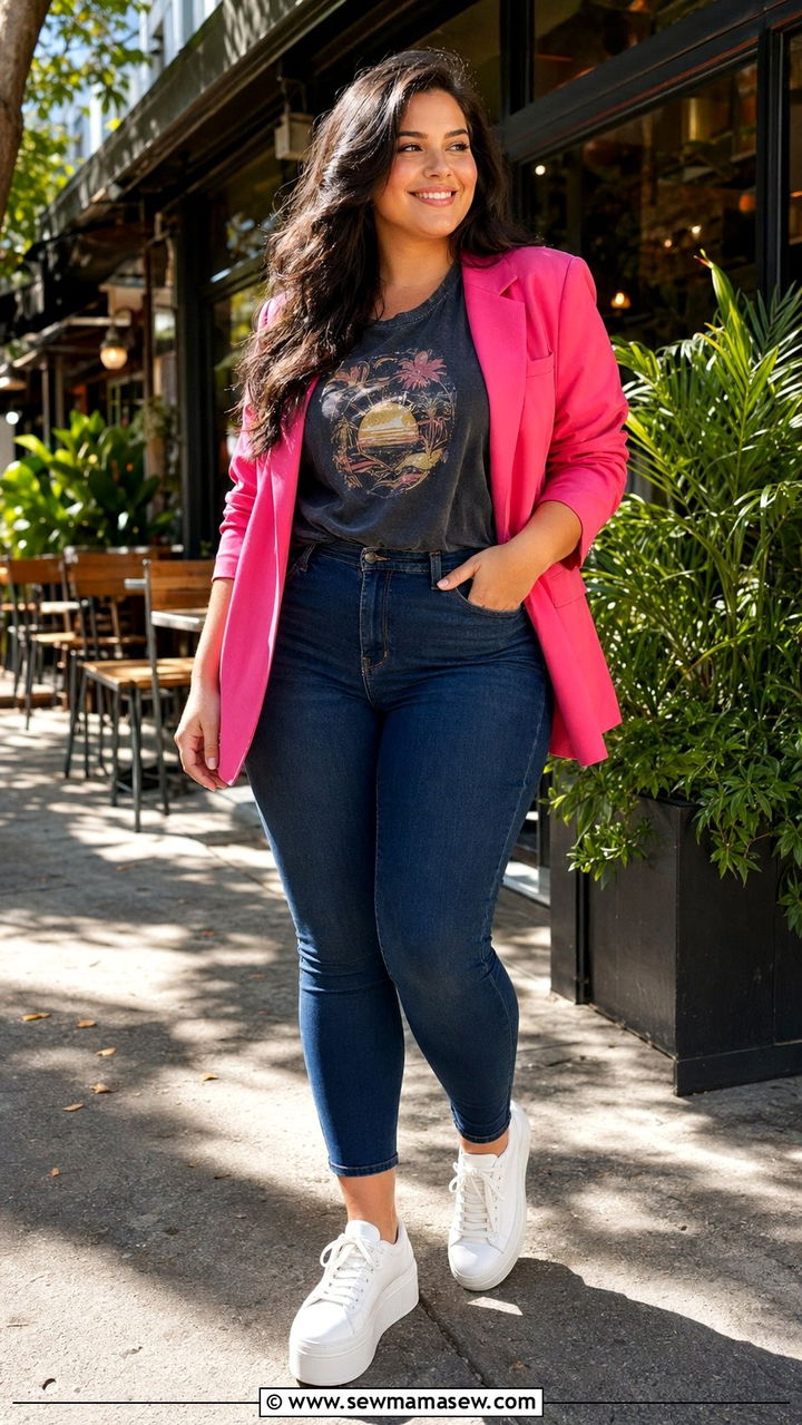 Pink blazer with graphic tee and skinny jeans - 30 Best blazers for curvy women