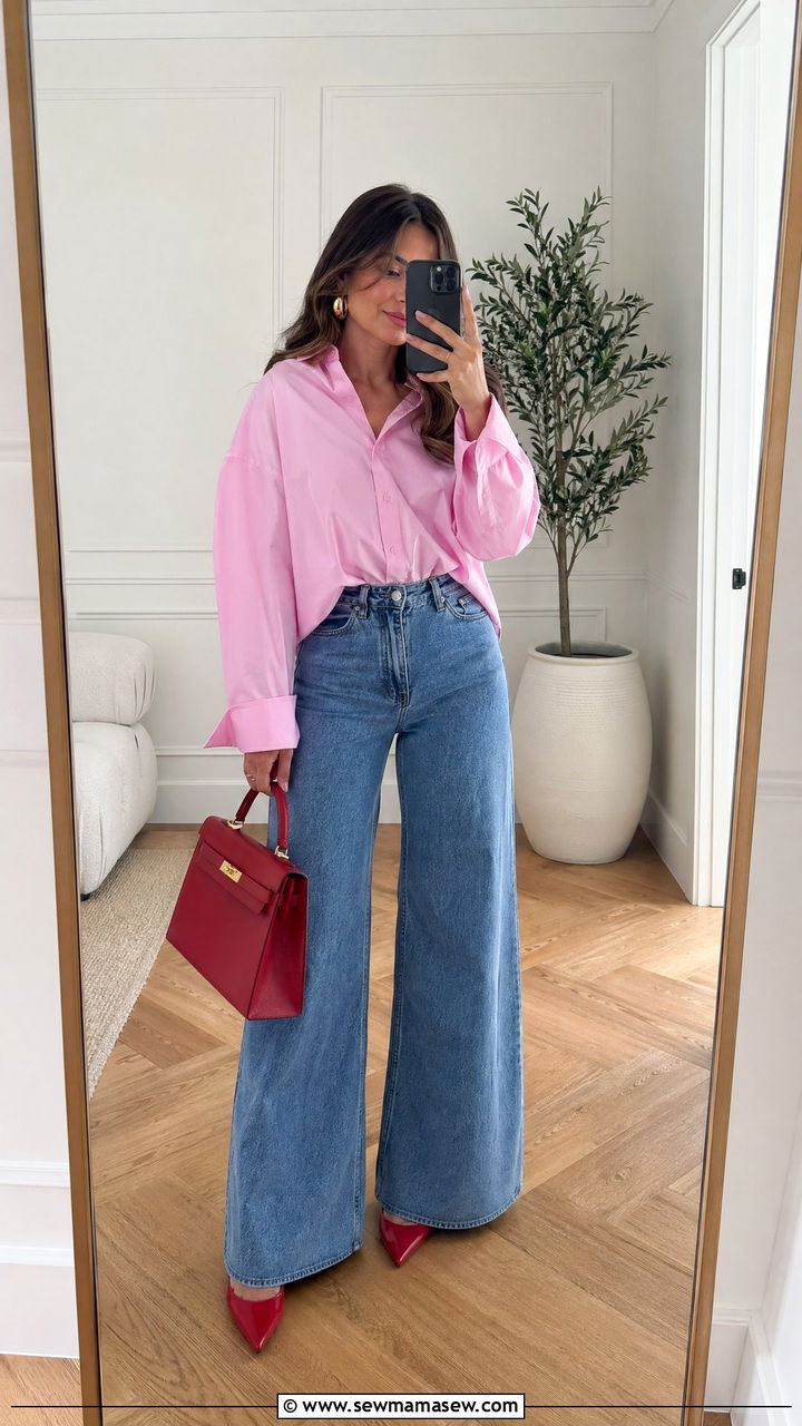 Pink button down shirt and wide leg jeans outfit - 35 Summer office outfit ideas