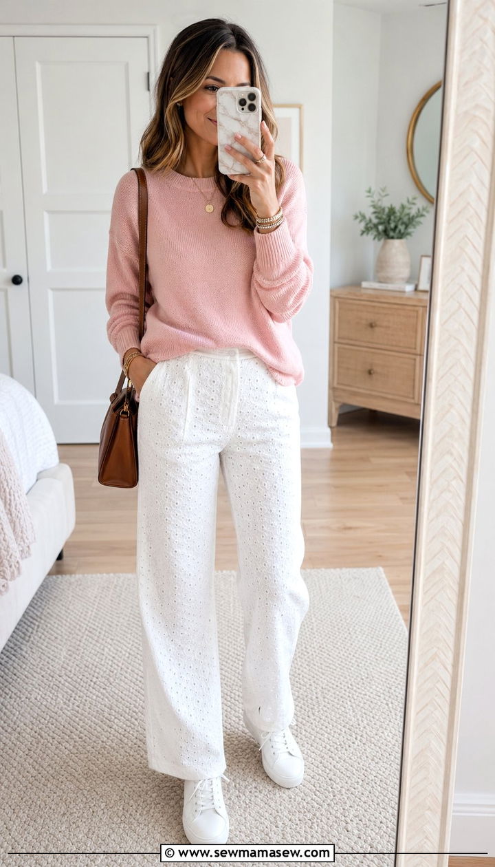 Pink sweater with eyelet pants and sneakers - 30 windy day outfits inspo