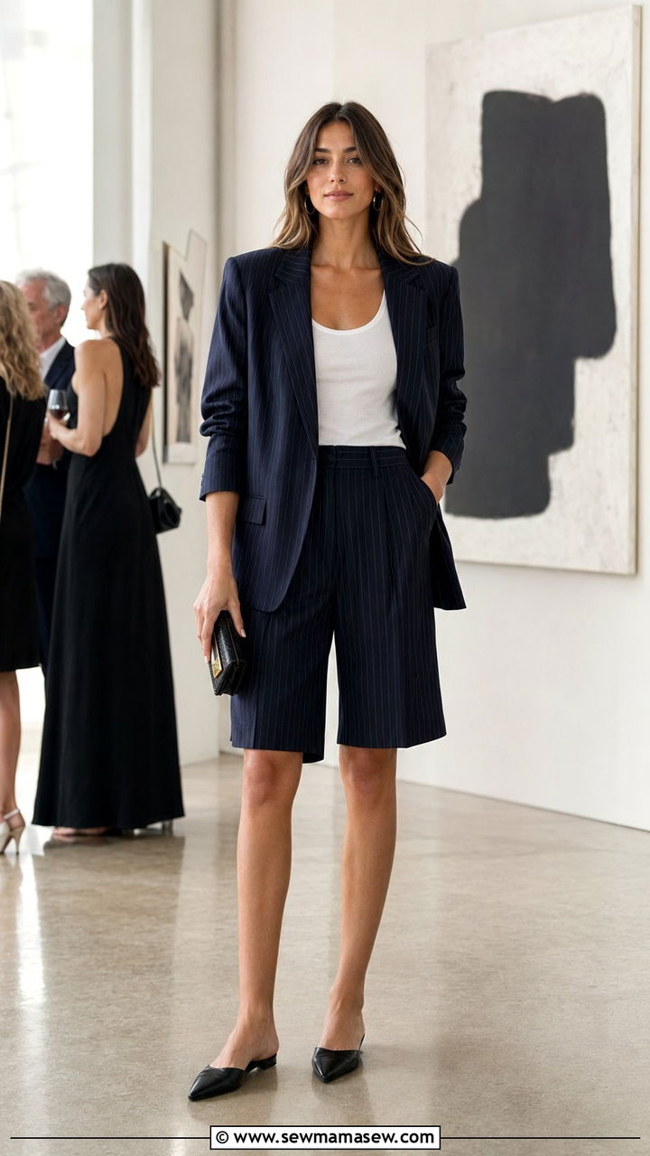 Pinstripe Blazer And Bermuda Shorts Preppy Look - 35 Preppy summer outfits