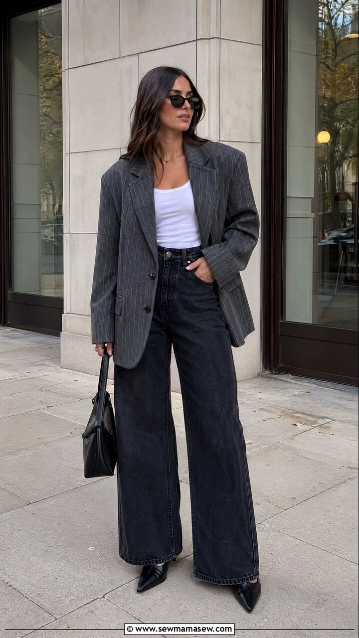 Pinstripe Blazer with Wide Leg Jeans - 35 classy outfits