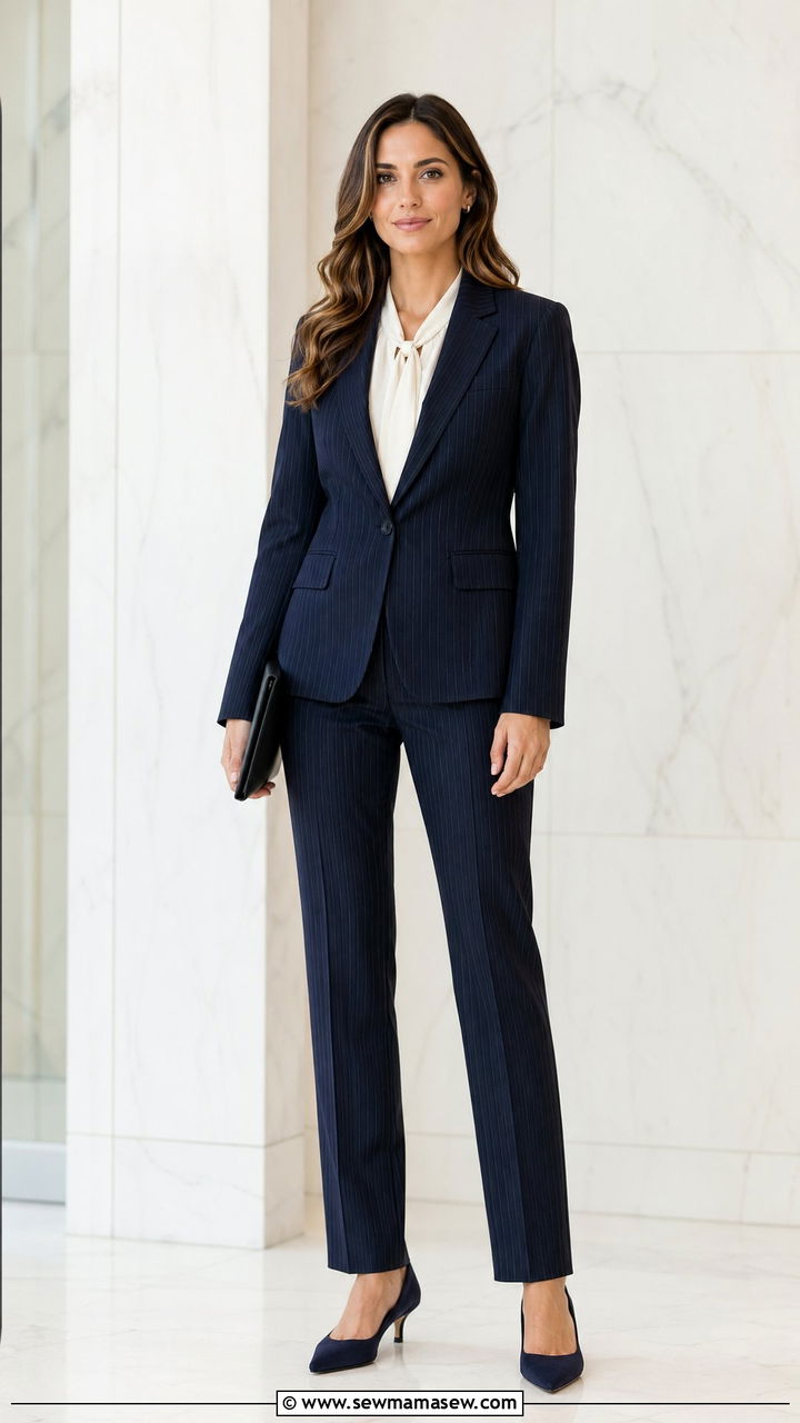 Pinstripe Pantsuit With Soft Blouse - 35 Court reporter outfit ideas