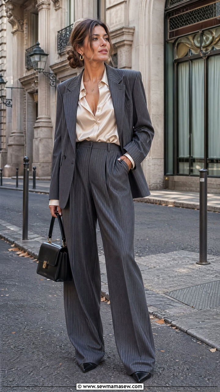 Pinstripe Suit With Silk Blouse And Pointed Heels - 35 spring parisian outfit ideas