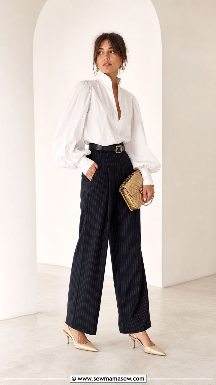 Pinstripe Trousers With a Voluminous White Blouse and Gold Bag - 35 Parisian outfits 2026