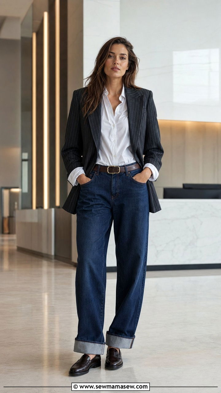 Pinstripe blazer with baggy jeans - 30 Baggy jeans outfit ideas with a blazer