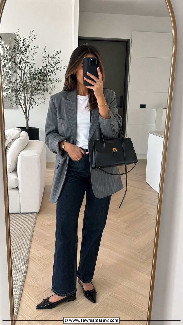 Pinstripe blazer with relaxed denim and pointed flats - 35 classy outfit ideas for women
