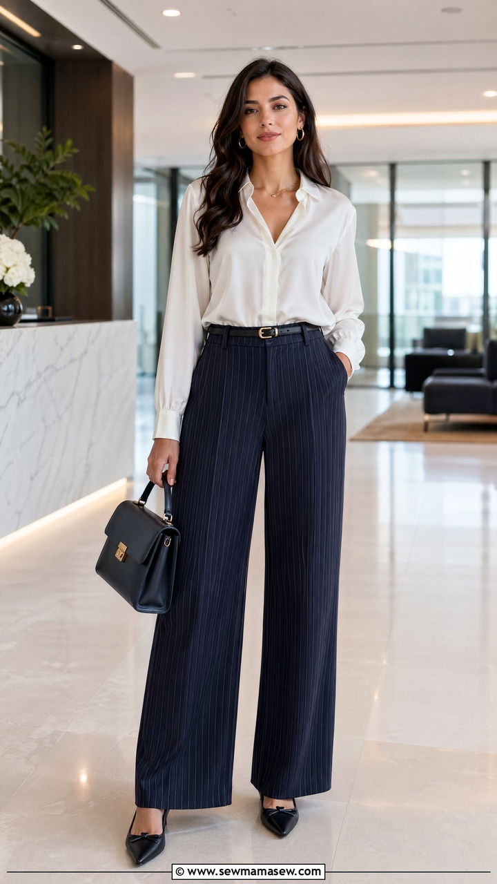 Pinstripe trousers with a blouse outfit - 35 Smart casual outfit ideas for women