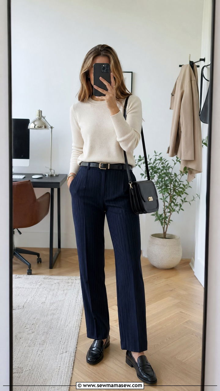 Pinstripe trousers with a cashmere crewneck and loafers - 35 Consultant outfit ideas