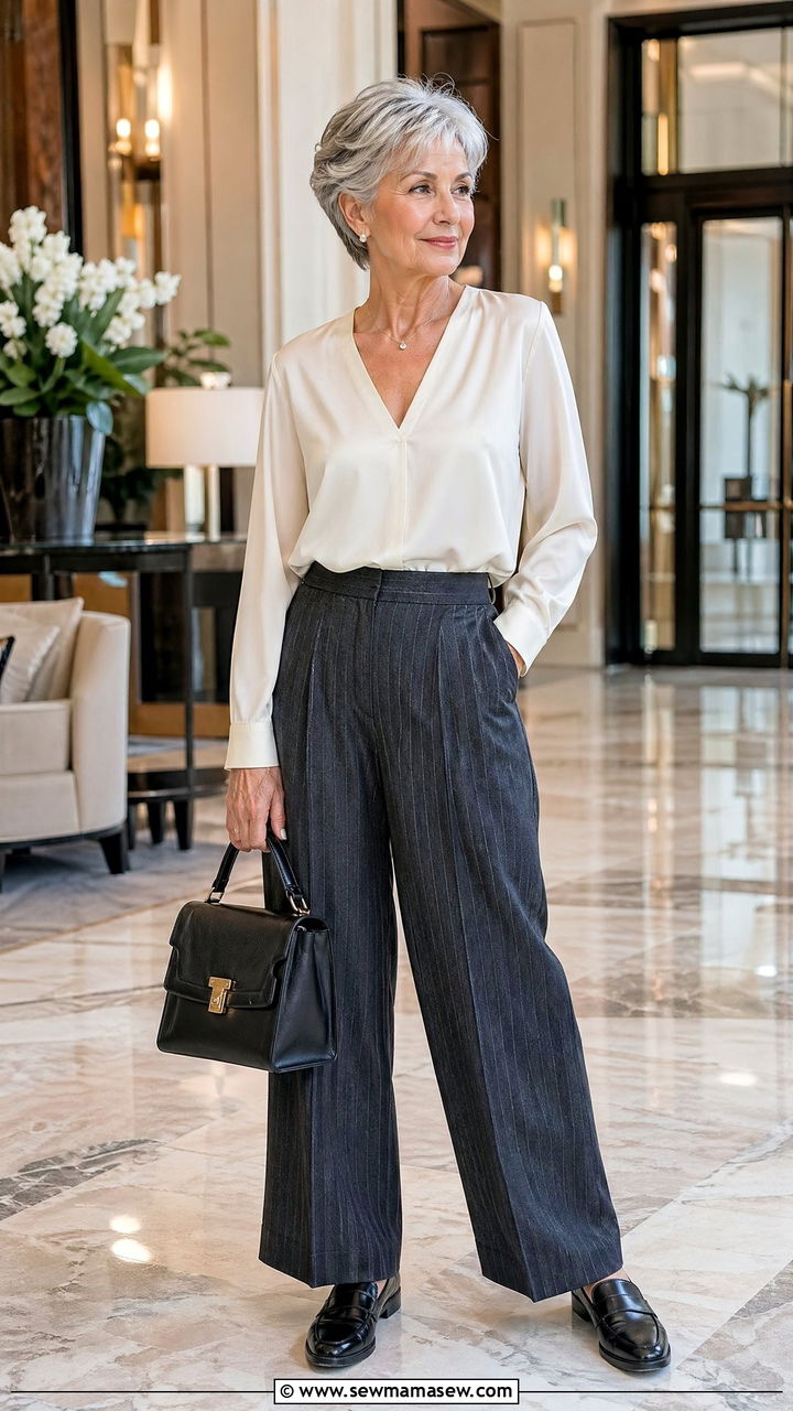 Pinstripe trousers with silky V neck blouse outfit - 35 Classy outfit ideas for women over 60