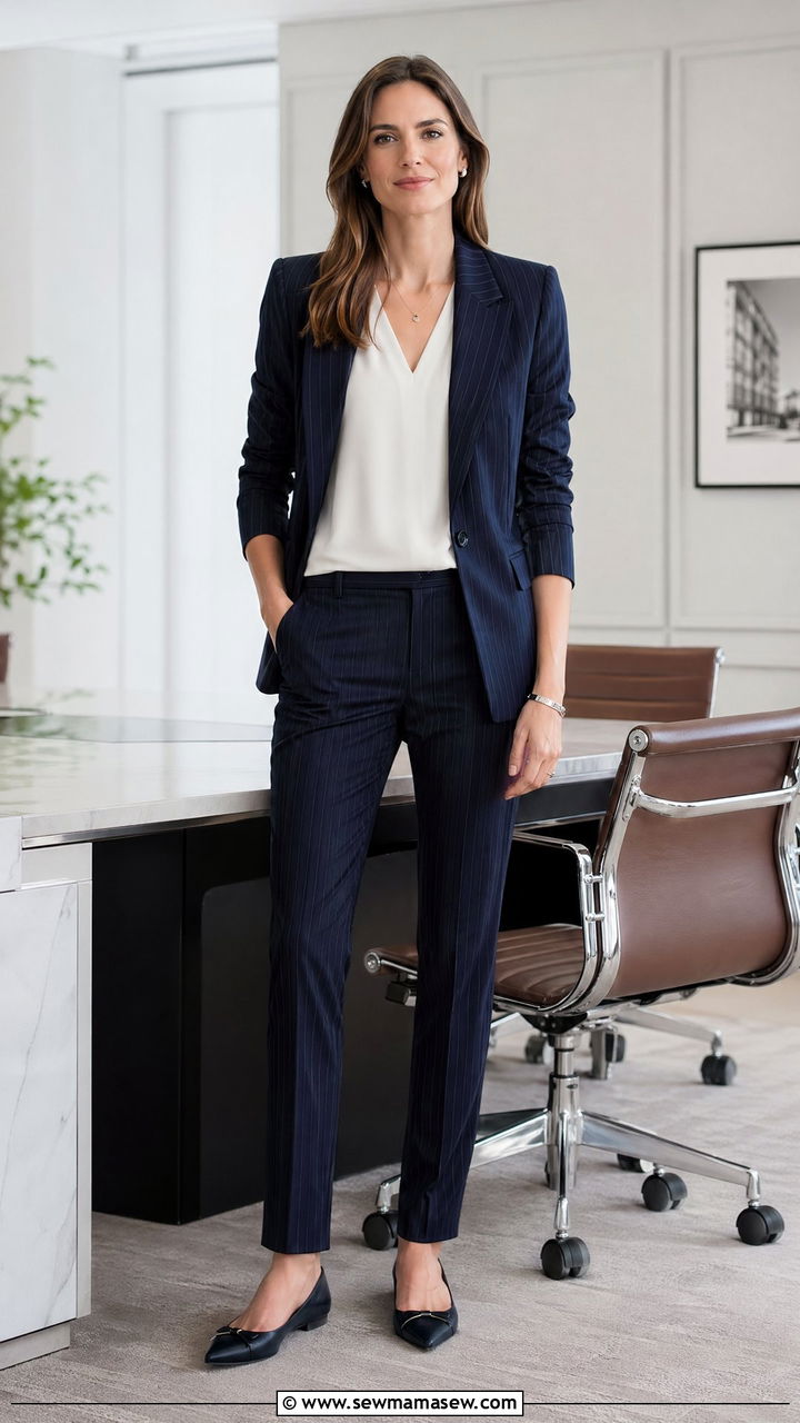 Pinstripe trousers with sleeveless blouse and structured blazer - 35 Teacher outfit ideas for school