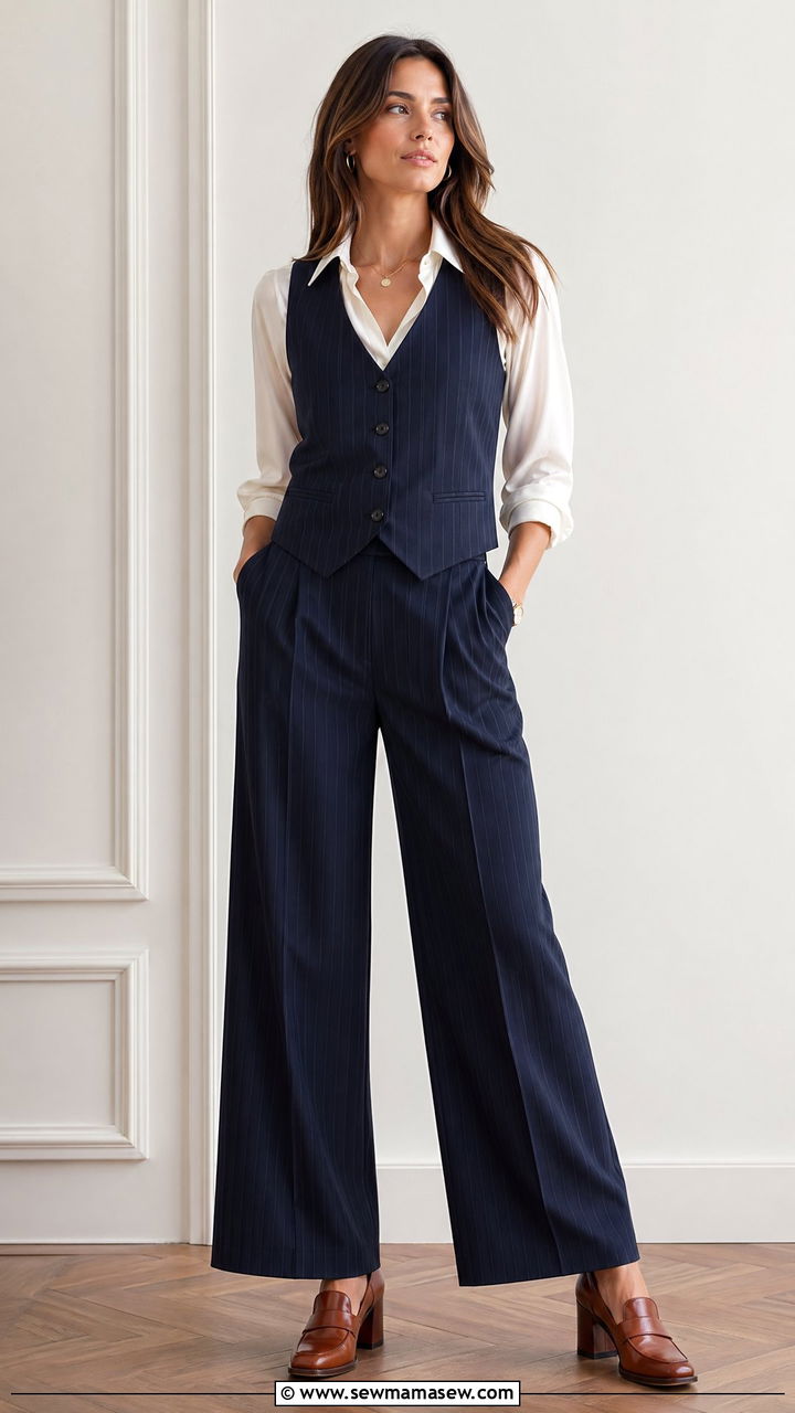 Pinstripe vest and trousers set with heeled loafers - 35 Spring business casual outfits for women