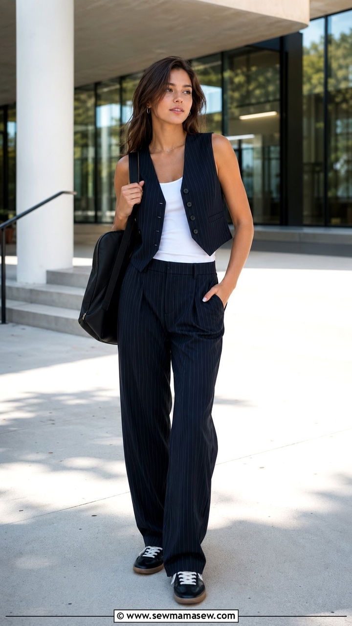 Pinstripe vest with wide leg trousers outfit - 30 back to school outfits for women