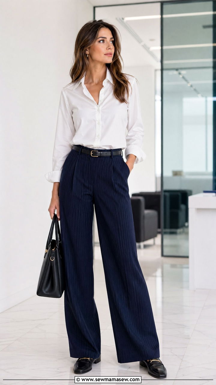 Pinstripe wide leg pants with button down shirt - 35 wide leg pants outfits