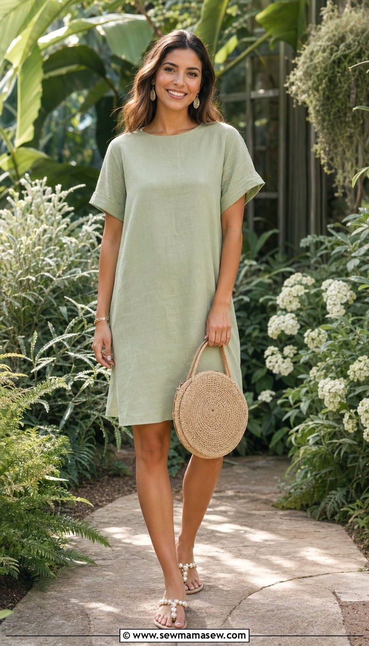 Pistachio Green Linen Dress with Beaded Slide Sandals - 30 Baby shower outfits for guests