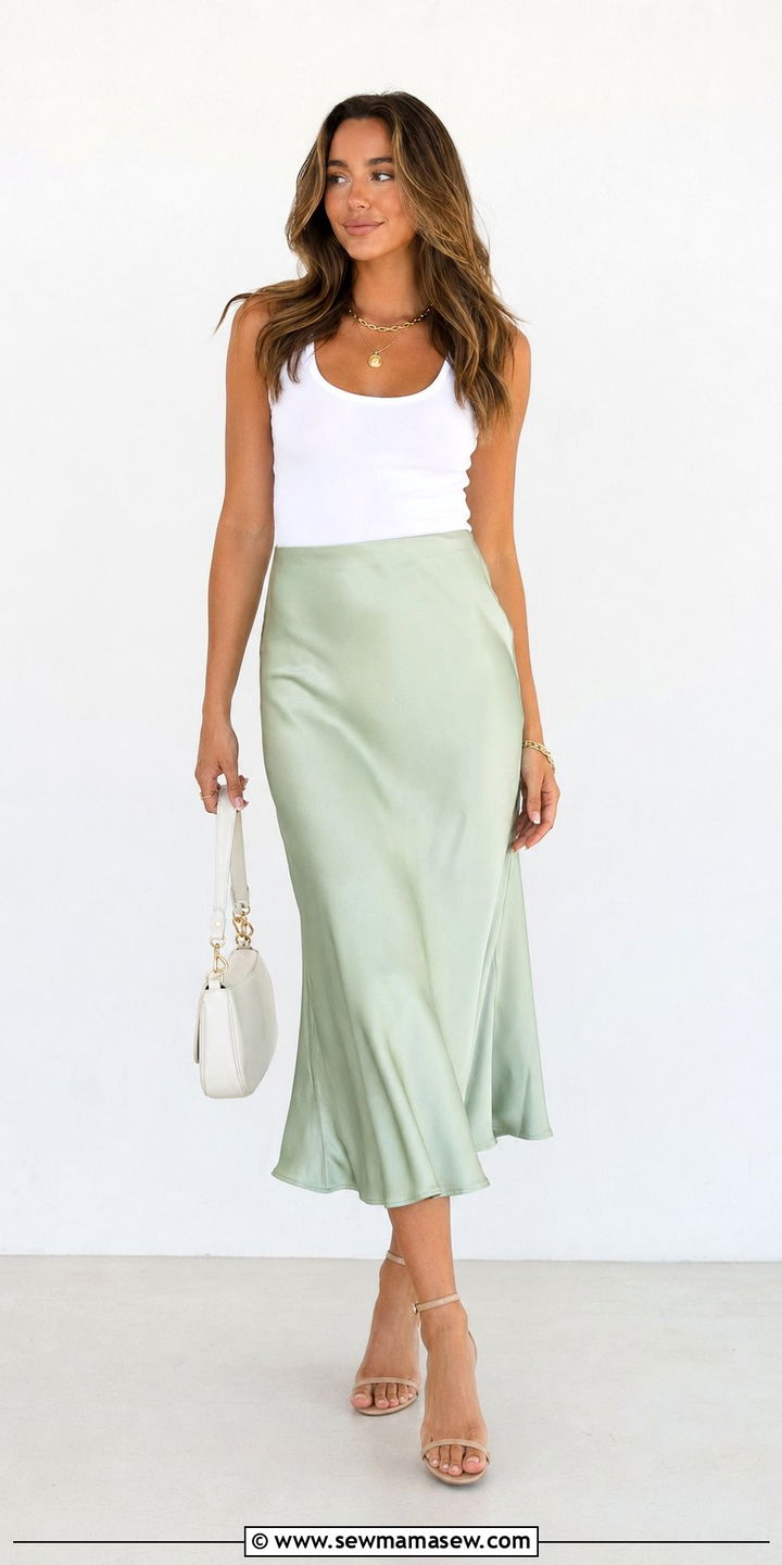 Pistachio Green Midi Skirt and Tank Top Outfit - 35 Pastel outfit ideas