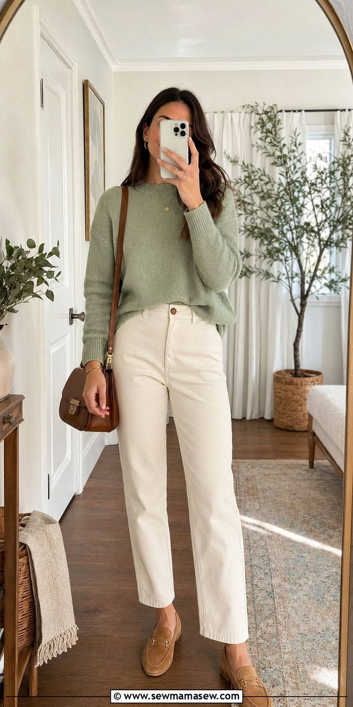 Pistachio Green Sweater and Cream Pants Outfit - 35 Pastel outfit ideas