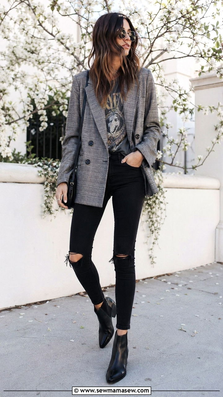 Plaid Blazer And Vintage Band Tee With Ripped Jeans - 30 spring grunge outfit ideas