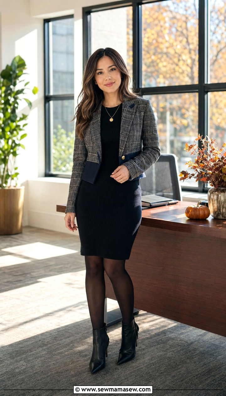 Plaid Blazer Over Black Dress With Ankle Boots - 30 Work outfits for petite women