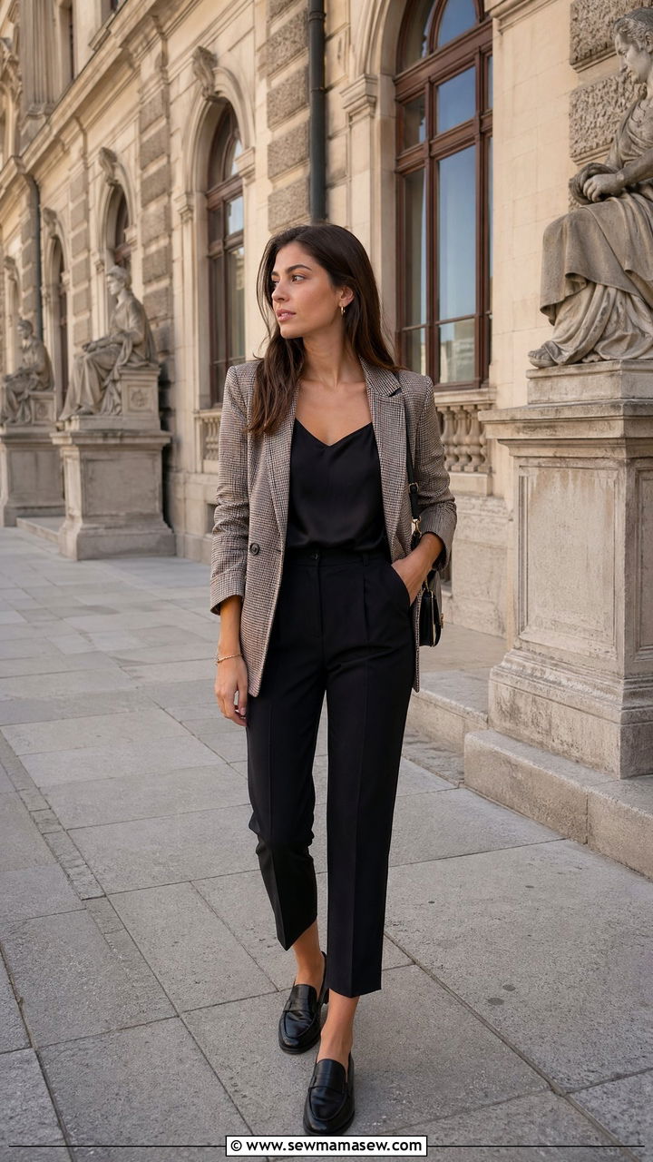 Plaid Blazer With Black Trousers And Leather Loafers - 35 Vienna outfit ideas