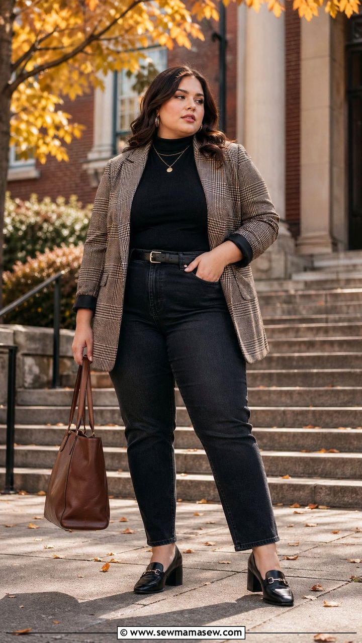 Plaid Blazer With Black Turtleneck And High Waisted Jeans - 30 Back to school outfit ideas plus size college